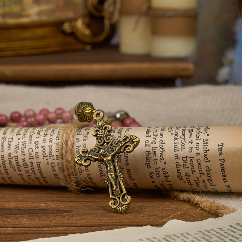 Christianartworkshop Miraculous Medal & Crucifix of 8mm Natural Red Wood Vein Stone Handmade Rosary Beads
