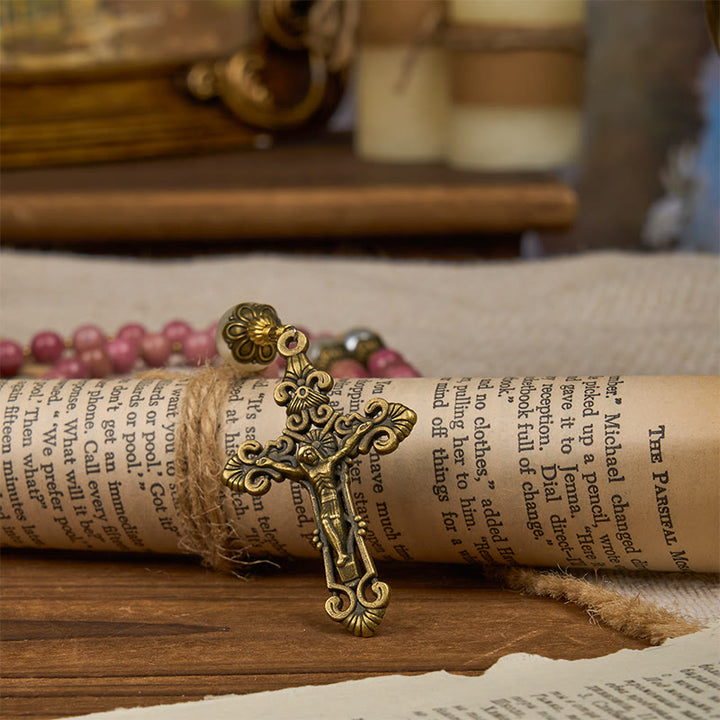 Christianartworkshop Miraculous Medal & Crucifix of 8mm Natural Red Wood Vein Stone Handmade Rosary Beads