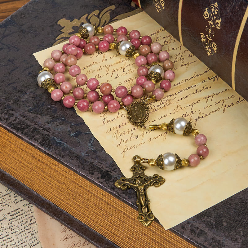 Christianartworkshop Miraculous Medal & Crucifix of 8mm Natural Red Wood Vein Stone Handmade Rosary Beads