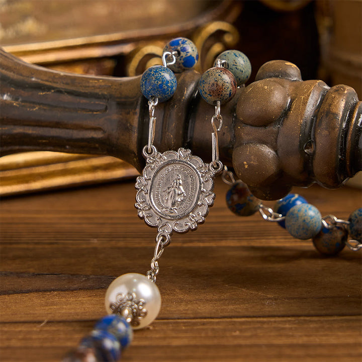 Christianartworkshop Miraculous Medal & Crucifix of 8mm Deep Blue Imperial Stone Handmade Rosary for Daily Pray