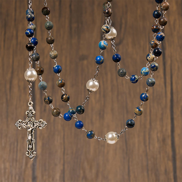Christianartworkshop Miraculous Medal & Crucifix of 8mm Deep Blue Imperial Stone Handmade Rosary for Daily Pray