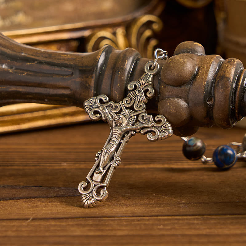 Christianartworkshop Miraculous Medal & Crucifix of 8mm Deep Blue Imperial Stone Handmade Rosary for Daily Pray