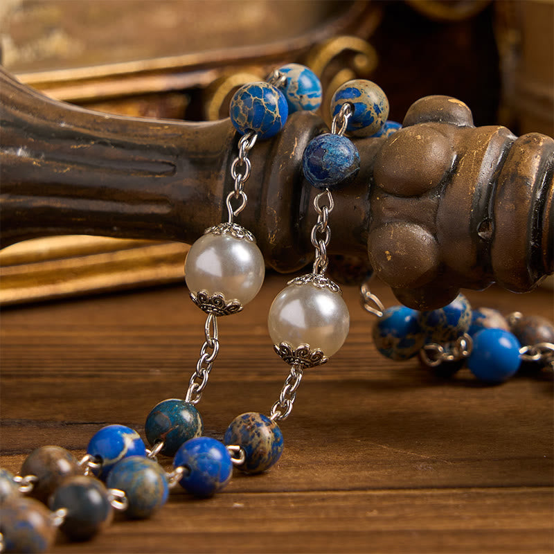 Christianartworkshop Miraculous Medal & Crucifix of 8mm Deep Blue Imperial Stone Handmade Rosary for Daily Pray