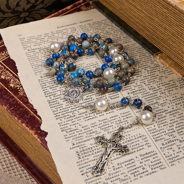 Christianartworkshop Miraculous Medal & Crucifix of 8mm Deep Blue Imperial Stone Handmade Rosary for Daily Pray