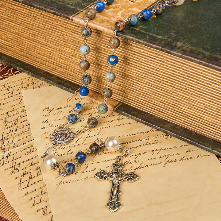 Christianartworkshop Miraculous Medal & Crucifix of 8mm Deep Blue Imperial Stone Handmade Rosary for Daily Pray