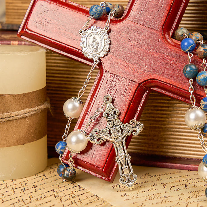 Christianartworkshop Miraculous Medal & Crucifix of 8mm Deep Blue Imperial Stone Handmade Rosary for Daily Pray
