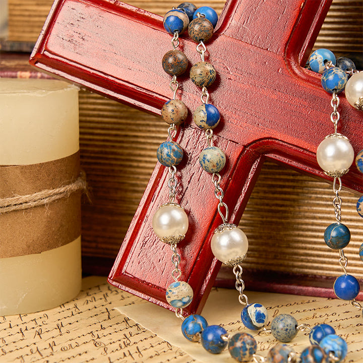 Christianartworkshop Miraculous Medal & Crucifix of 8mm Deep Blue Imperial Stone Handmade Rosary for Daily Pray