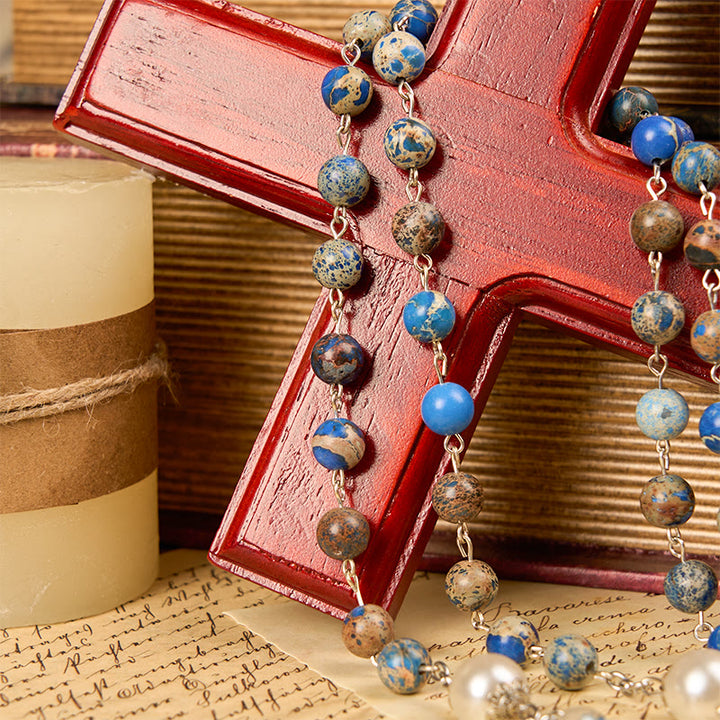 Christianartworkshop Miraculous Medal & Crucifix of 8mm Deep Blue Imperial Stone Handmade Rosary for Daily Pray