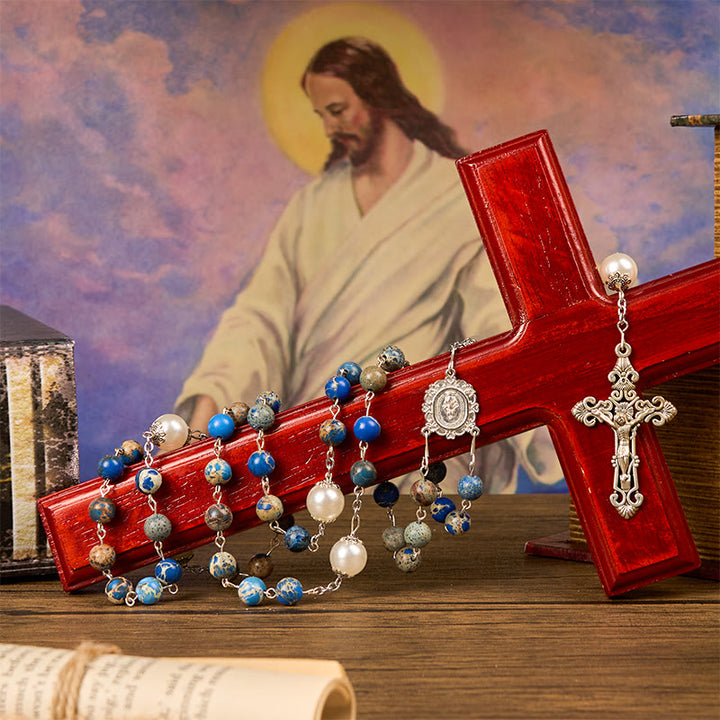 Christianartworkshop Miraculous Medal & Crucifix of 8mm Deep Blue Imperial Stone Handmade Rosary for Daily Pray
