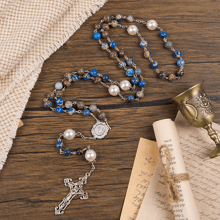 Christianartworkshop Miraculous Medal & Crucifix of 8mm Deep Blue Imperial Stone Handmade Rosary for Daily Pray