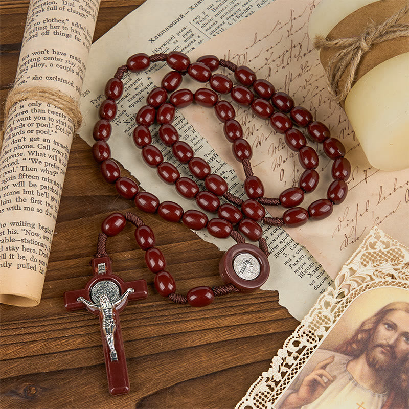 Christianartworkshop St. Benedict & Crucifix of 8*10mm Oval Bead Rosary - Three Timeless Colors - image 0