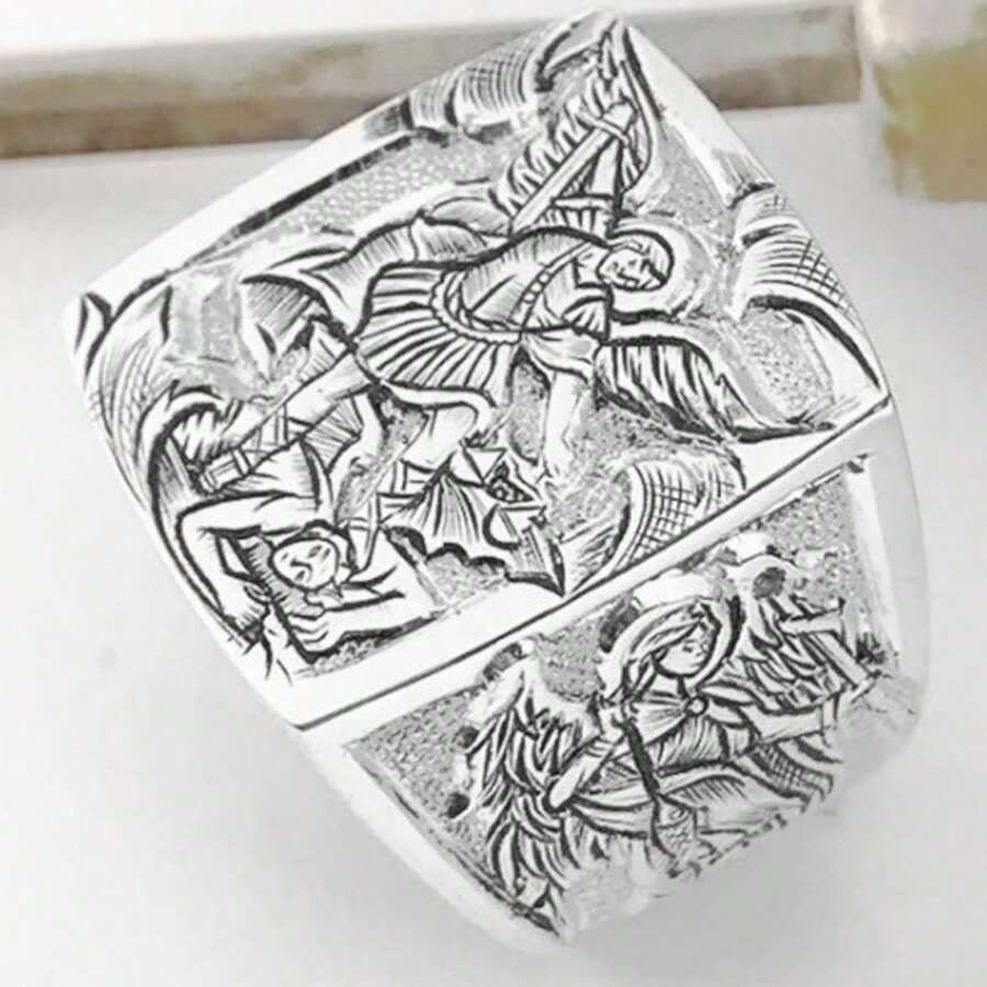 Christianartworkshop Golden&Silver Archangel St. Michael Ring - A Divine Symbol of Protection and Strength - Silver - UK Size Z（US 13） - image 3
