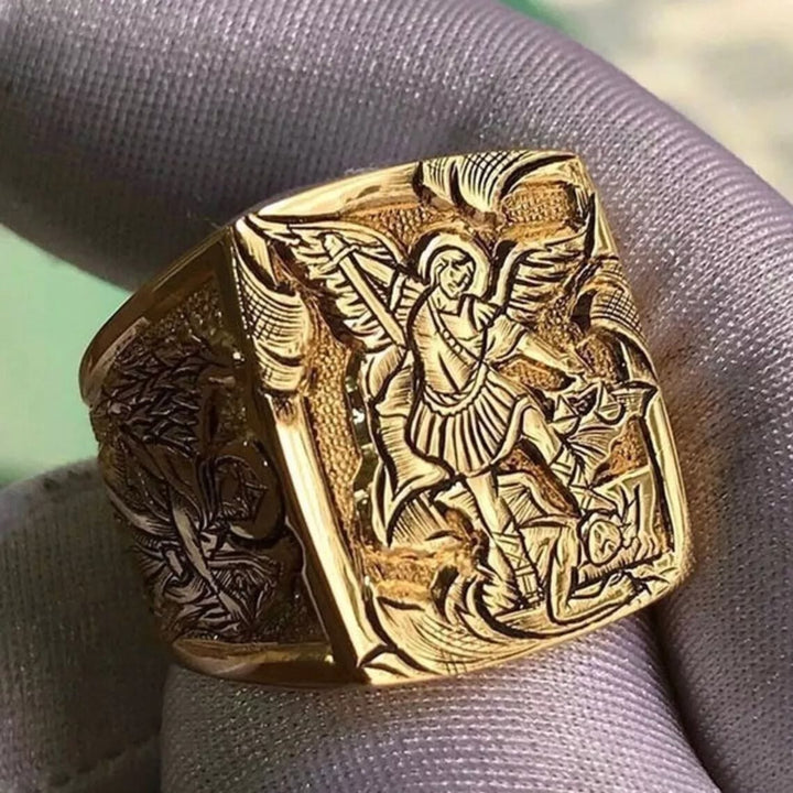 Christianartworkshop Golden&Silver Archangel St. Michael Ring - A Divine Symbol of Protection and Strength - Golden - UK Size Z（US 13） - image 0