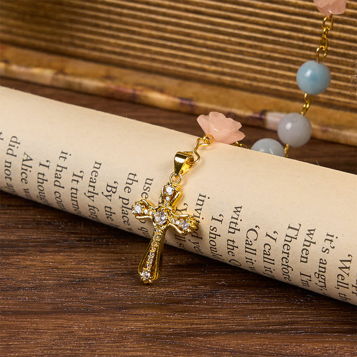 Christianartworkshop Our Lady of Guadalupe & Crucifix of 8mm Handmade Blue Aquamarine Chalcedony Beads Rosary - image 6