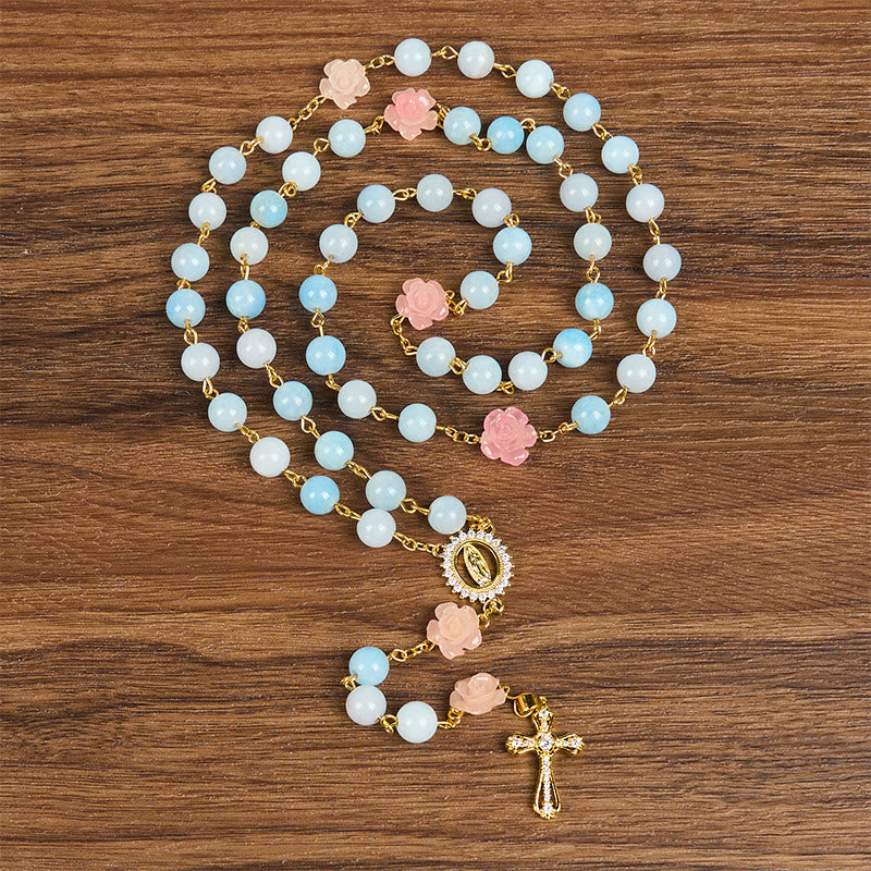 Christianartworkshop Our Lady of Guadalupe & Crucifix of 8mm Handmade Blue Aquamarine Chalcedony Beads Rosary