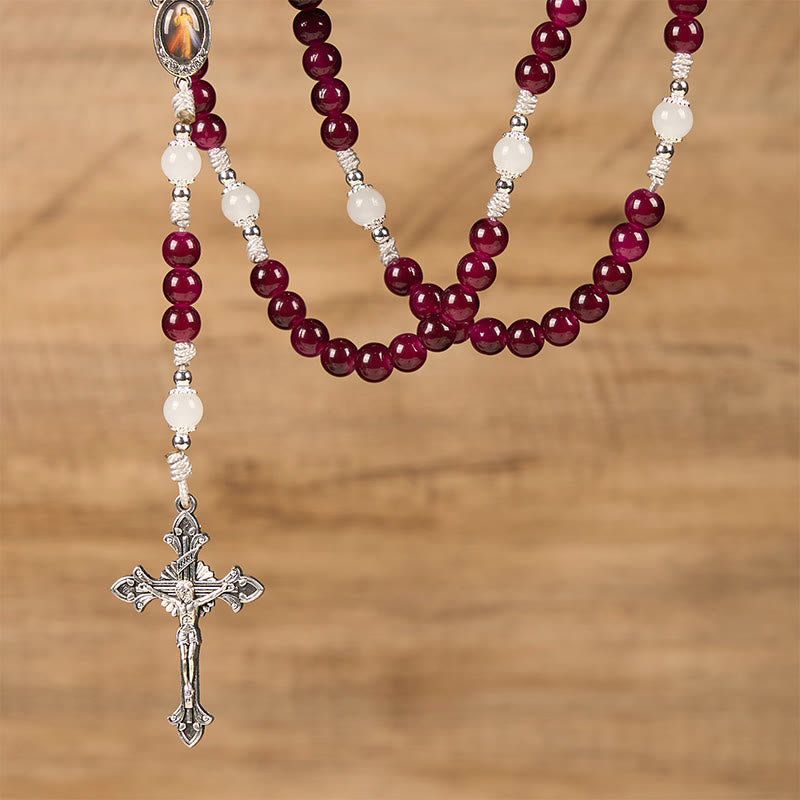 Divine Mercy & Crucifix of 8mm Handmade Garnet Chalcedony Rosary - Handmade Divine Beads - image 7