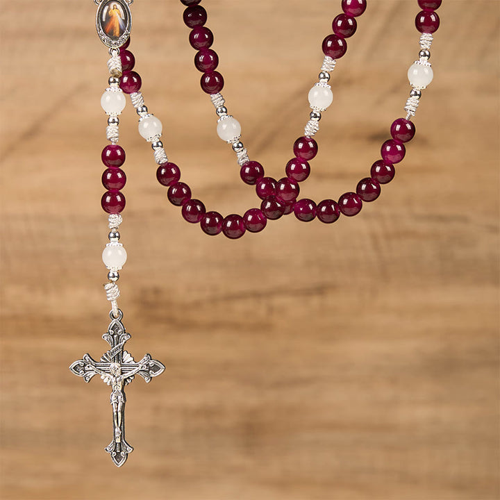 Divine Mercy & Crucifix of 8mm Handmade Garnet Chalcedony Rosary - Handmade Divine Beads - image 7