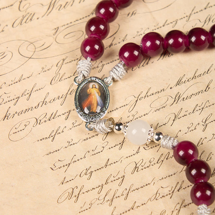 Divine Mercy & Crucifix of 8mm Handmade Garnet Chalcedony Rosary - Handmade Divine Beads - image 5