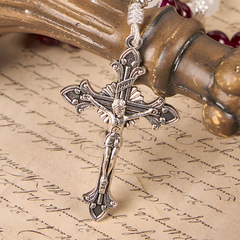 Divine Mercy & Crucifix of 8mm Handmade Garnet Chalcedony Rosary - Handmade Divine Beads - image 4
