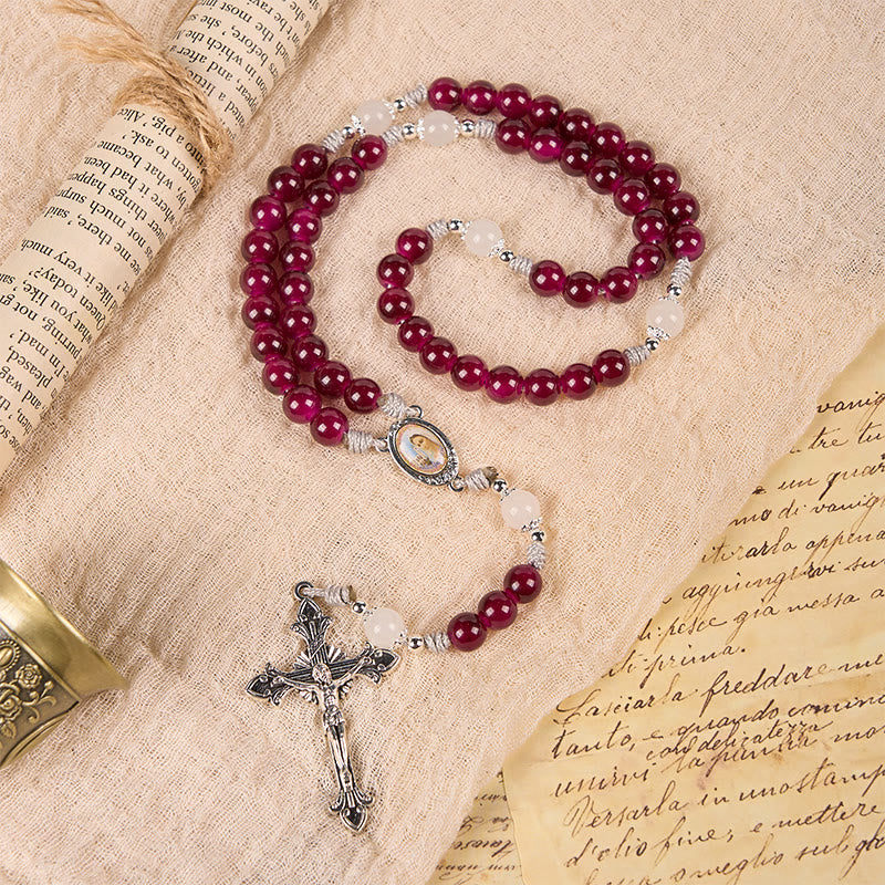 Divine Mercy & Crucifix of 8mm Handmade Garnet Chalcedony Rosary - Handmade Divine Beads - image 3