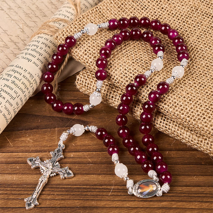 Divine Mercy & Crucifix of 8mm Handmade Garnet Chalcedony Rosary - Handmade Divine Beads - image 2