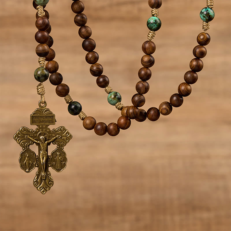 Christianartworkshop Holy Family & Crucifix of 8mm Pine Wood & African Turquoise Handmade Rosary