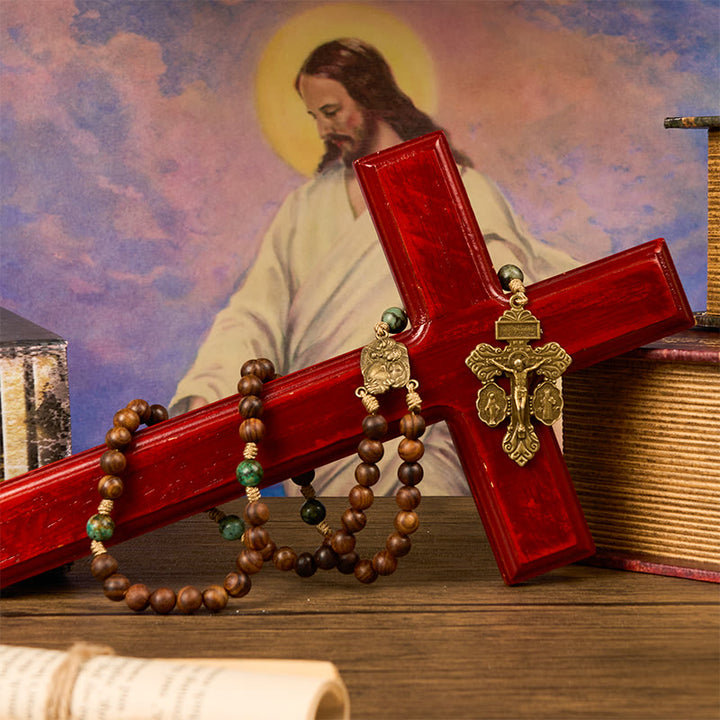 Christianartworkshop Holy Family & Crucifix of 8mm Pine Wood & African Turquoise Handmade Rosary