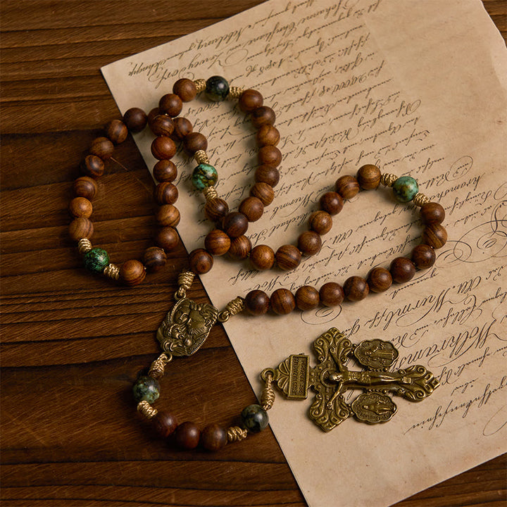 Christianartworkshop Holy Family & Crucifix of 8mm Pine Wood & African Turquoise Handmade Rosary