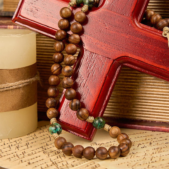 Christianartworkshop Holy Family & Crucifix of 8mm Pine Wood & African Turquoise Handmade Rosary