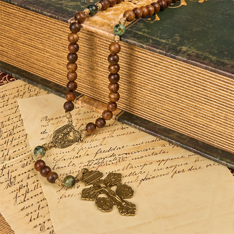 Christianartworkshop Holy Family & Crucifix of 8mm Pine Wood & African Turquoise Handmade Rosary