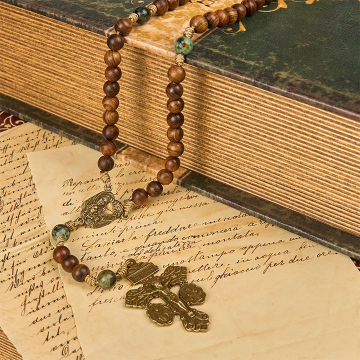 Christianartworkshop Holy Family & Crucifix of 8mm Pine Wood & African Turquoise Handmade Rosary