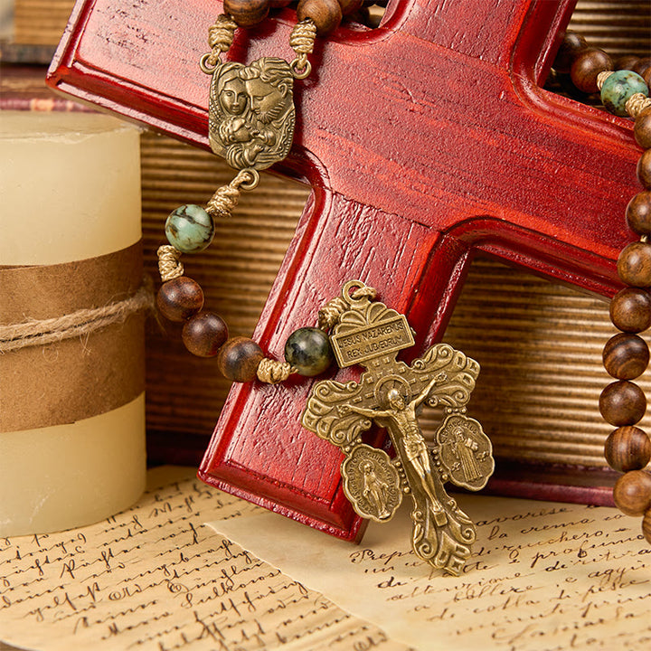 Christianartworkshop Holy Family & Crucifix of 8mm Pine Wood & African Turquoise Handmade Rosary