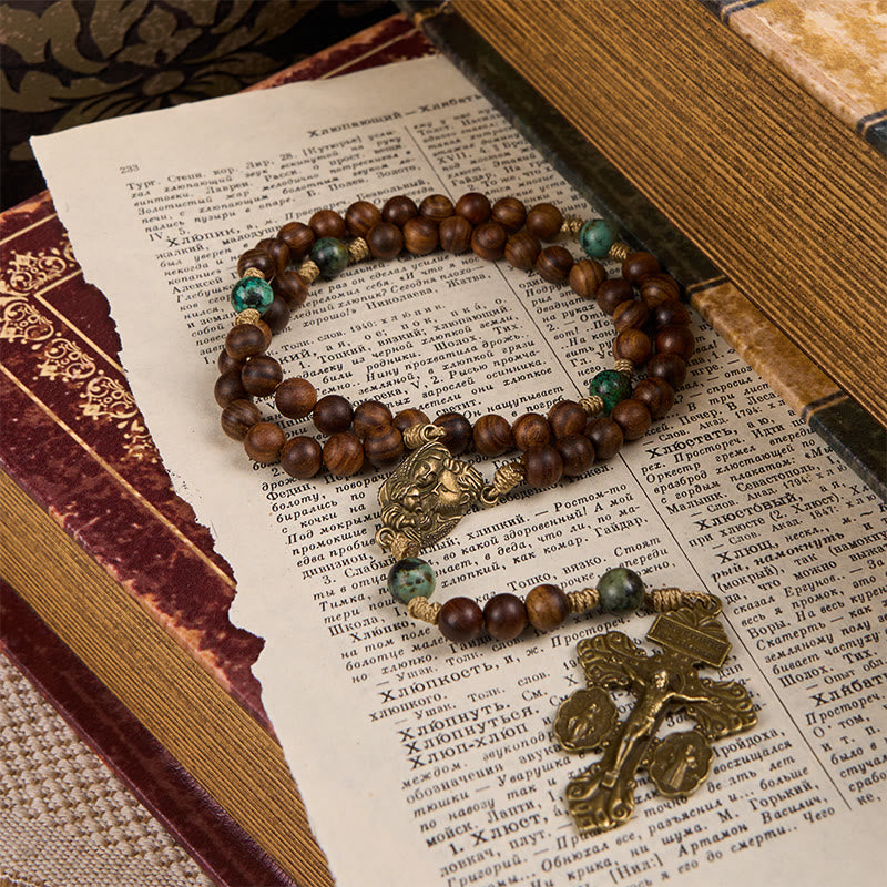 Christianartworkshop Holy Family & Crucifix of 8mm Pine Wood & African Turquoise Handmade Rosary