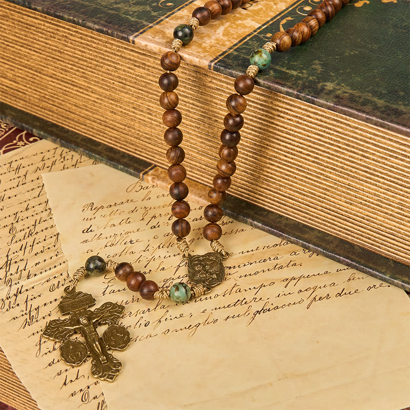 Christianartworkshop Holy Family & Crucifix of 8mm Pine Wood & African Turquoise Handmade Rosary