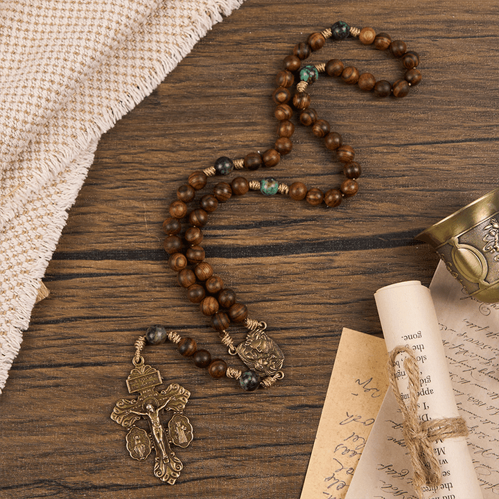 Christianartworkshop Holy Family & Crucifix of 8mm Pine Wood & African Turquoise Handmade Rosary
