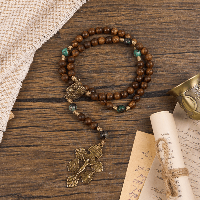 Christianartworkshop Holy Family & Crucifix of 8mm Pine Wood & African Turquoise Handmade Rosary