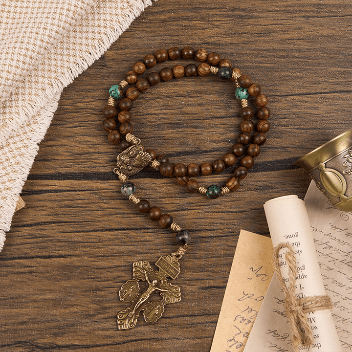 Christianartworkshop Holy Family & Crucifix of 8mm Pine Wood & African Turquoise Handmade Rosary
