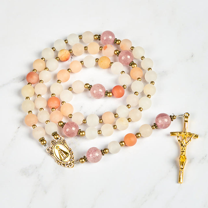 Christianartworkshop Our Lady & Crucifix of 8mm Handmade Pink Aventurine & Strawberry Quartz Rosary