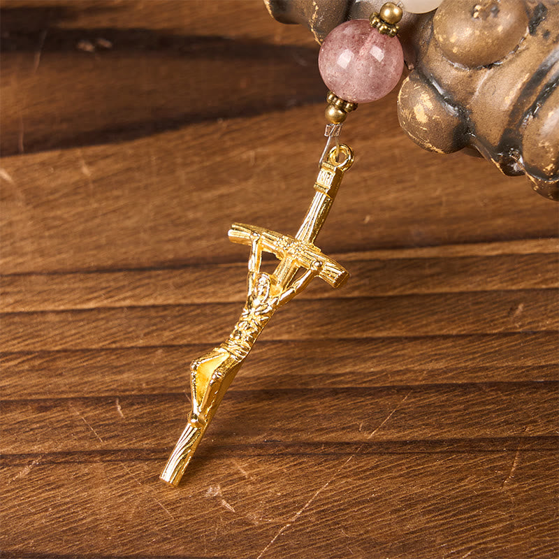 Christianartworkshop Our Lady & Crucifix of 8mm Handmade Pink Aventurine & Strawberry Quartz Rosary