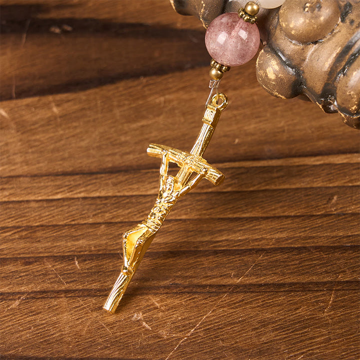 Christianartworkshop Our Lady & Crucifix of 8mm Handmade Pink Aventurine & Strawberry Quartz Rosary