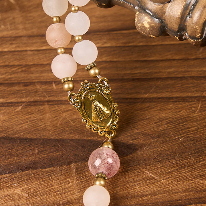 Christianartworkshop Our Lady & Crucifix of 8mm Handmade Pink Aventurine & Strawberry Quartz Rosary