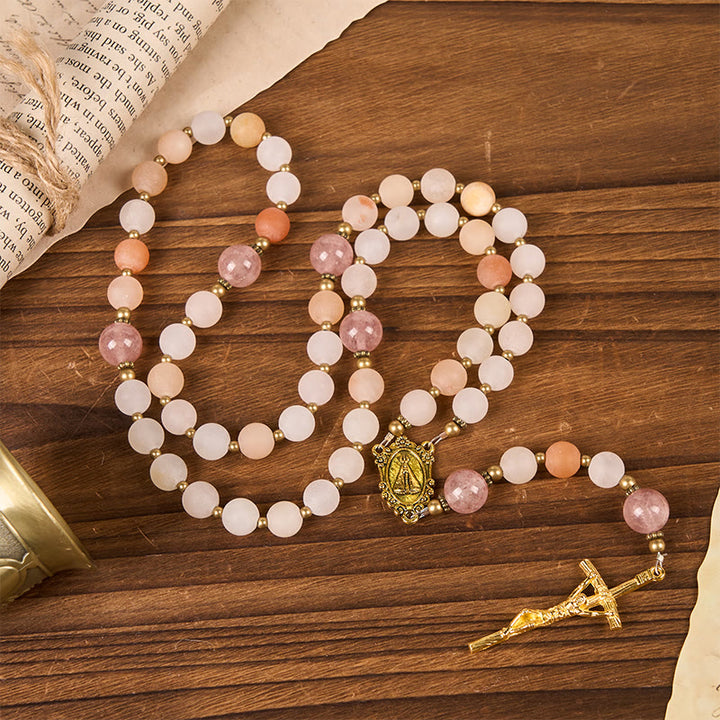 Christianartworkshop Our Lady & Crucifix of 8mm Handmade Pink Aventurine & Strawberry Quartz Rosary