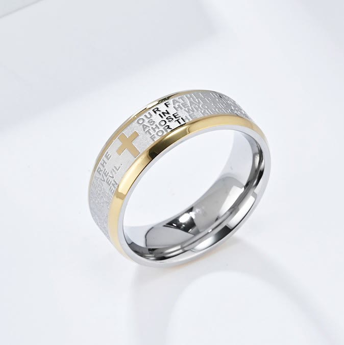 Christianartworkshop Lord's Prayer Cross Stainless Steel Rotating Bible Verse Band Ring - Silver-gold - UK Size Z（US 13） - image 3
