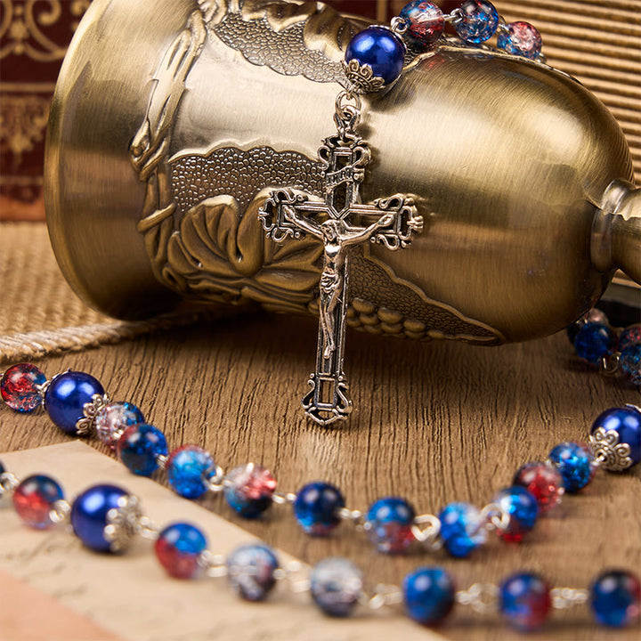 Christianartworkshop Miraculous Medal & Crucifix of 8mm Glass Beads Rosary—A Touch of Vintage Elegance
