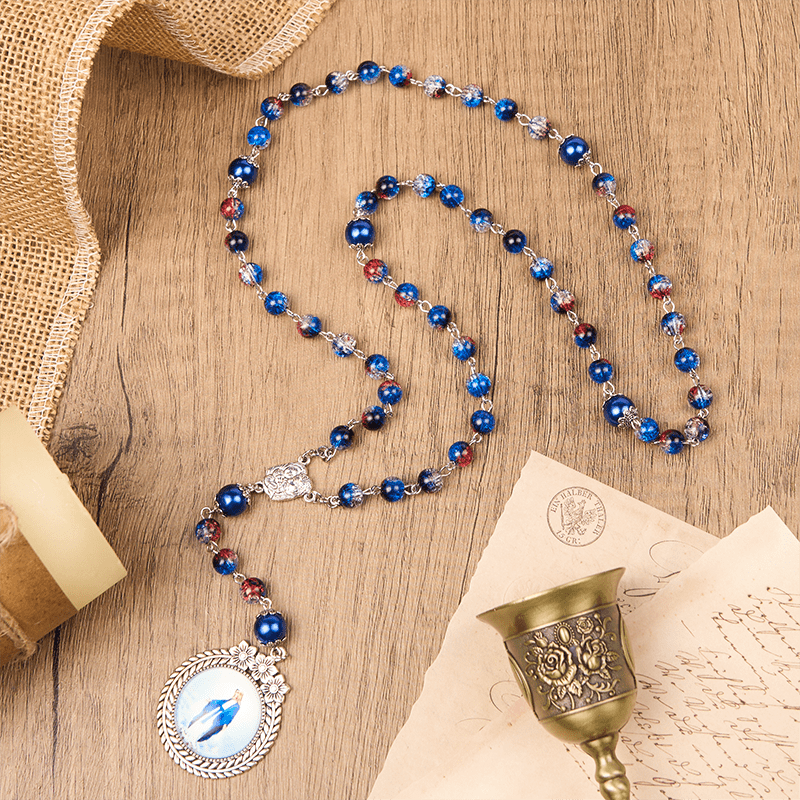 Christianartworkshop Miraculous Medal & Crucifix of 8mm Glass Beads Rosary—A Touch of Vintage Elegance