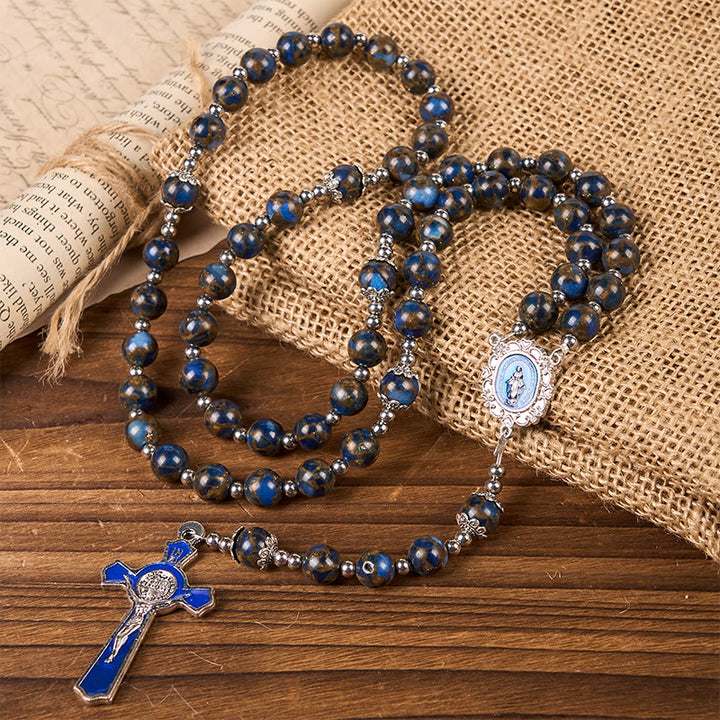Christianartworkshop Virgin Mary & Blue Crucifix of 8mm Blue Gold Stone Beads Rosary