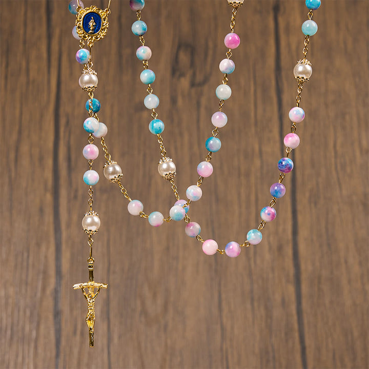 Christianartworkshop Celestial Grace Floral Handmade Rosary Miraculous Medal & Crucifix of 8mm Blue&Purple: Find Peace and Divine Connection