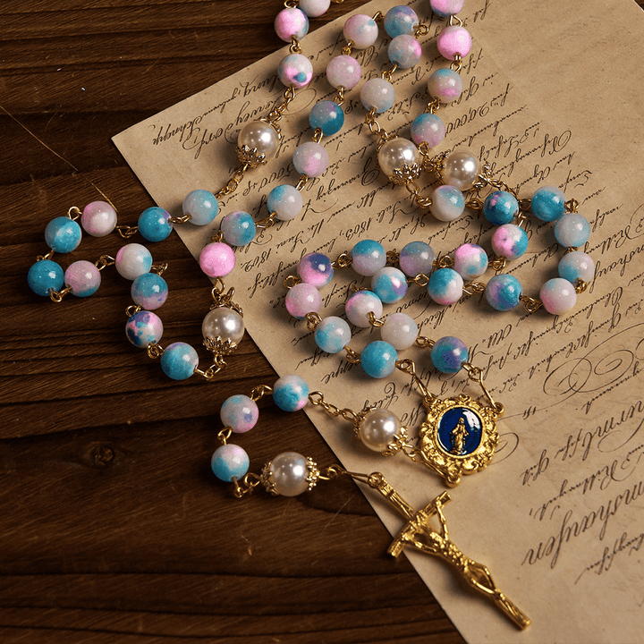 Christianartworkshop Celestial Grace Floral Handmade Rosary Miraculous Medal & Crucifix of 8mm Blue&Purple: Find Peace and Divine Connection
