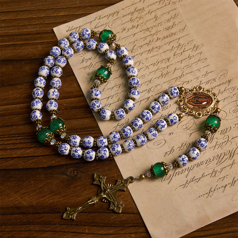 Christianartworkshop Divine Serenity Handmade Floral Rosary: Our Lady of Guadalupe & Crucifix of 8mm Ceramics&Jade