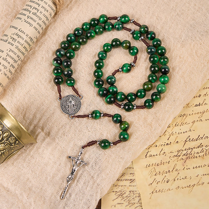 Christianartworkshop St. Benedict Medal & Crucifix of 8mm Green Tiger's Eye Rosary—Discover Tranquility and Spiritual Strength